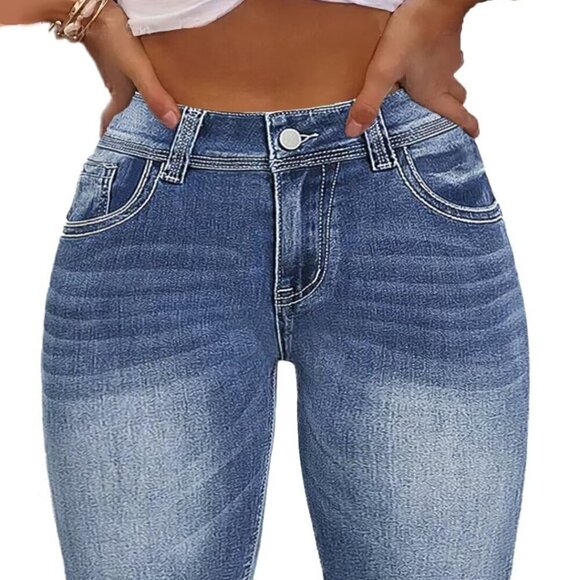 Women's Royal Navy Blue Mid Waist Casual Ripped Denim Shorts - Picture 1 of 5